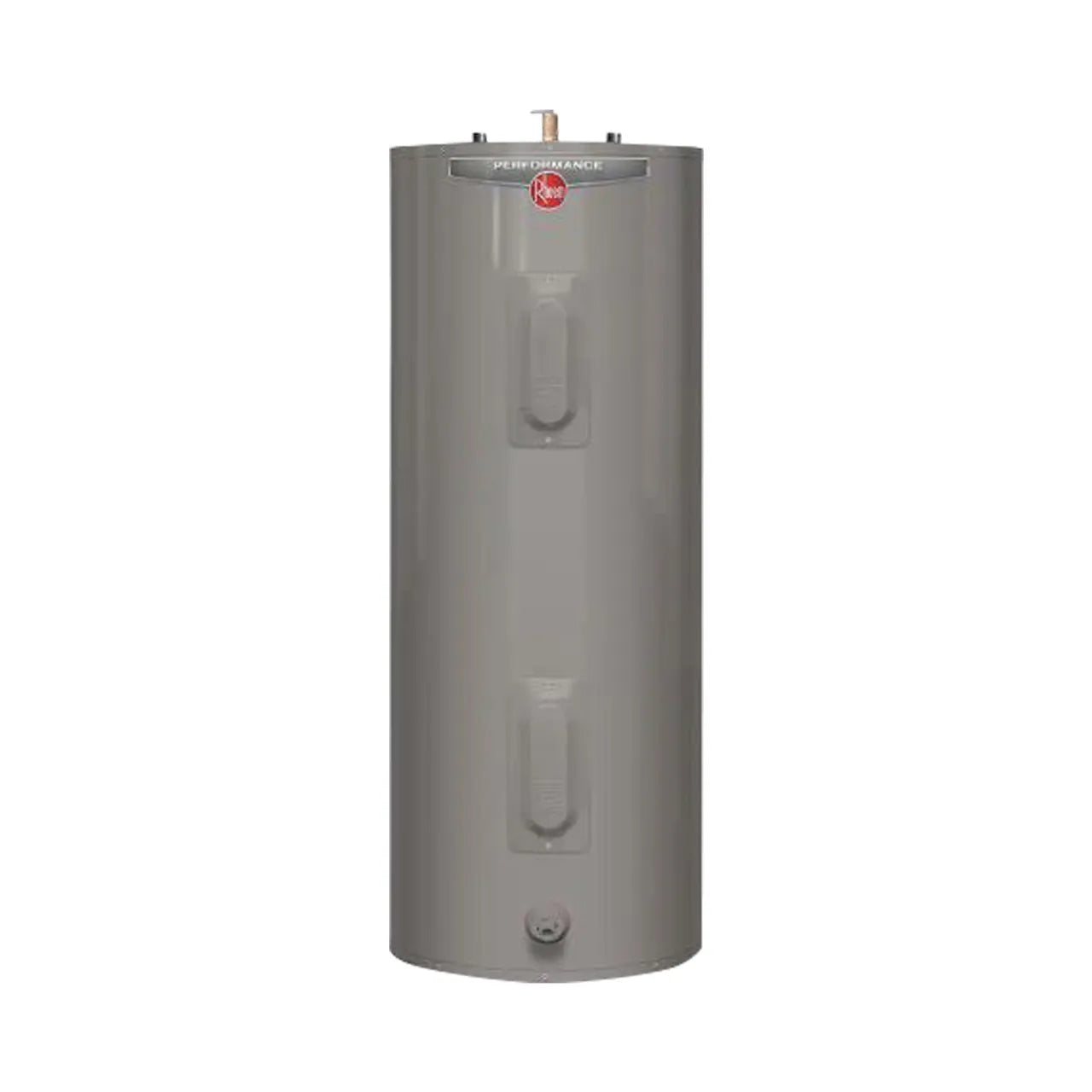 The Go Build Performance 40 Gal. Medium 6 Year Electric Tank Water Heater features a sleek gray design with a user-friendly control panel, brand logo on top, and smooth metallic finish that stands out against a plain white backdrop.